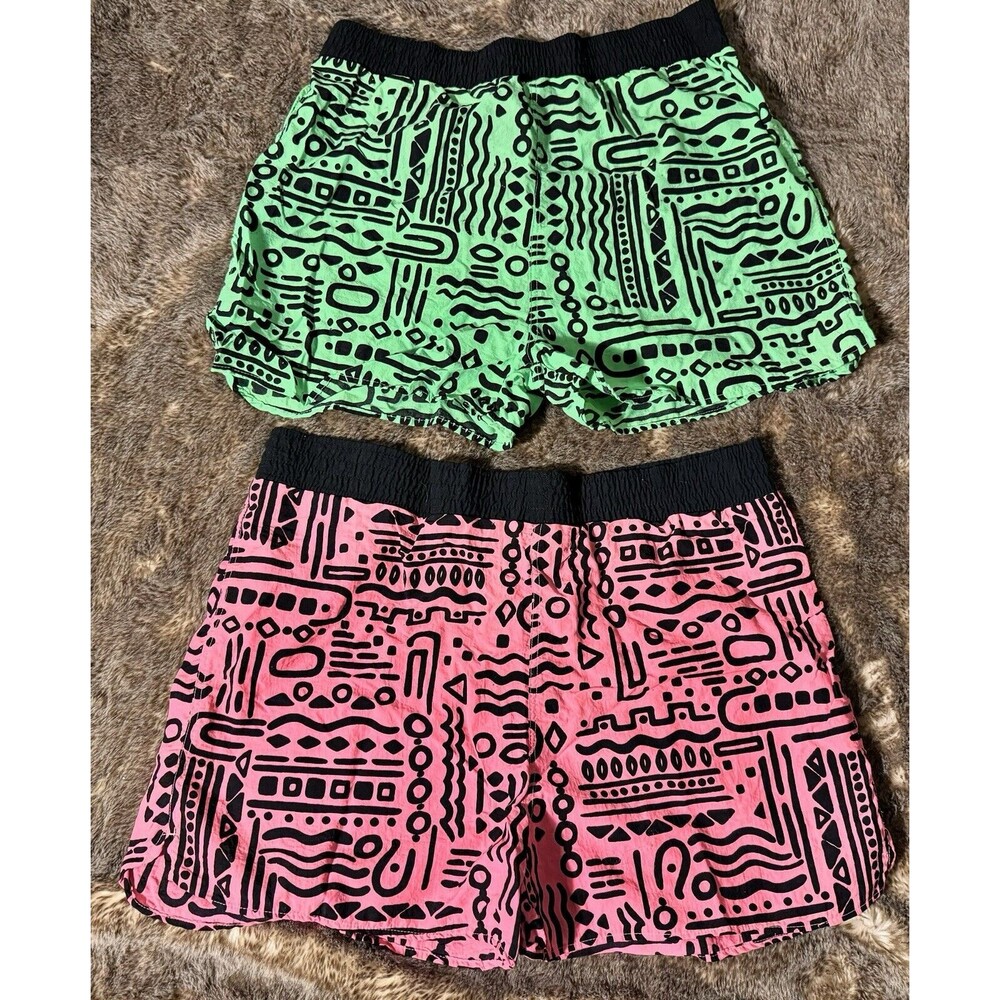 90s VTG colorful Neon Pink Green Geometric shorts Sz M elastic waist lot of 2